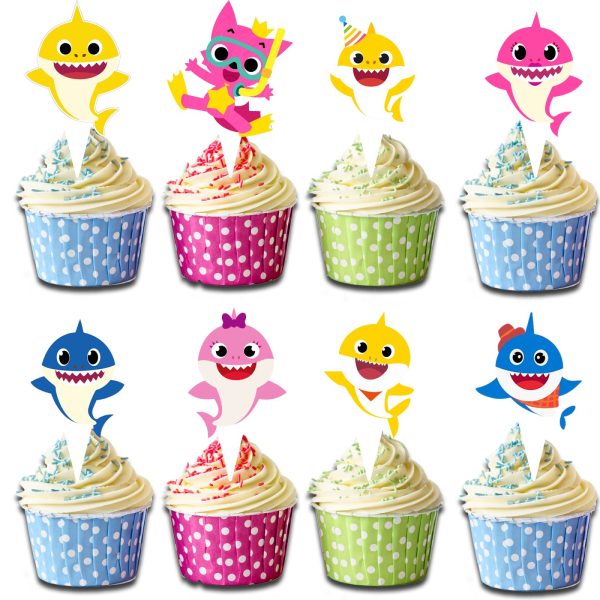 Baby Shark Cartoon Cupcake Toppers - Set of 24 Party Decorations