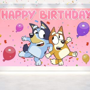 Bluey Dog Pink Birthday Backdrop - Available in 5x3 ft & 7x5 ft