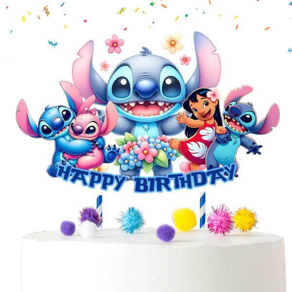 Lilo and Stitch Cake Topper – Happy Birthday Decoration for Kids – Cardstock Topper with Blue Sticks and Glue Dots – 6x8 inch