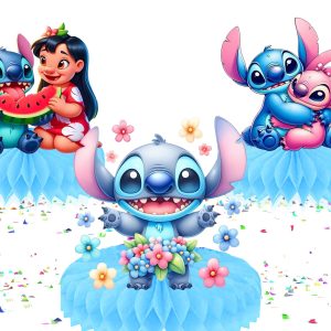 Stitch Party Honeycomb Centerpieces – 5 PCS Table Decorations for Kids Birthday or Baby Shower – Stitch and Lilo Blue Floral Theme Stand-Up Cutouts