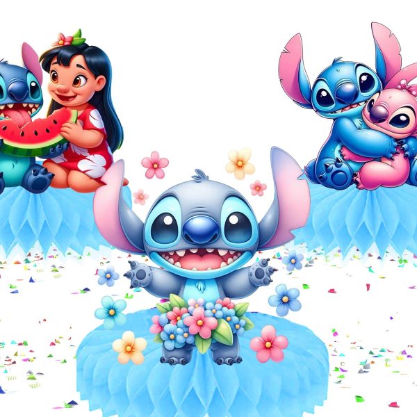 Stitch Party Honeycomb Centerpieces – 5 PCS Table Decorations for Kids Birthday or Baby Shower – Stitch and Lilo Blue Floral Theme Stand-Up Cutouts