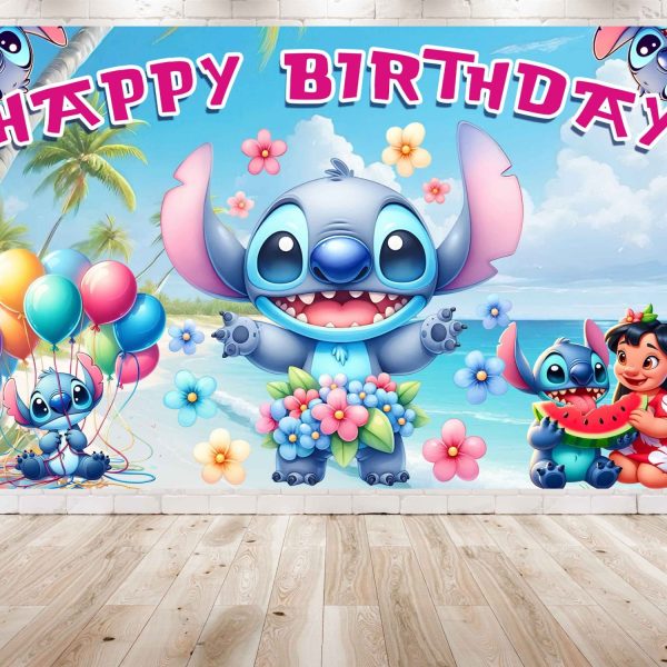 Lilo & Stitch Birthday Party Backdrop – Happy Birthday Banner for Kids – Colorful Beach Theme Decoration – Waterproof – 5x3 ft or 7x5 ft