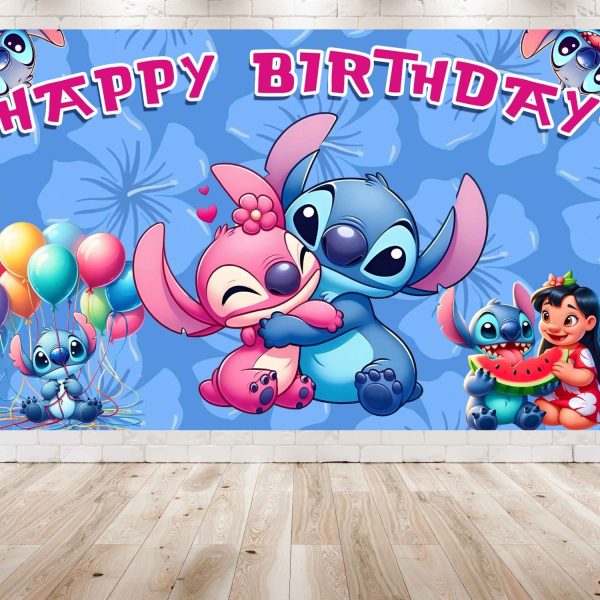 Stitch and Lilo Pink Birthday Backdrop – Hawaiian Beach Party Banner 5x3 ft & 7x5 ft – Cute Stitch and Angel Party Decoration for Girls