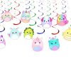 f Squishmallow Hanging Swirls, Squishmallow Birthday Decorations, Pastel Kawaii Ceiling Swirls, Cute Animal Party Decor, Rainbow Birthday Hanging Decorations