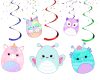 fff Squishmallow Hanging Swirls, Squishmallow Birthday Decorations, Pastel Kawaii Ceiling Swirls, Cute Animal Party Decor, Rainbow Birthday Hanging Decorations
