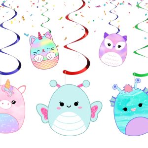 Squishmallow Hanging Swirls, Squishmallow Birthday Decorations, Pastel Kawaii Ceiling Swirls, Cute Animal Party Decor, Rainbow Birthday Hanging Decorations