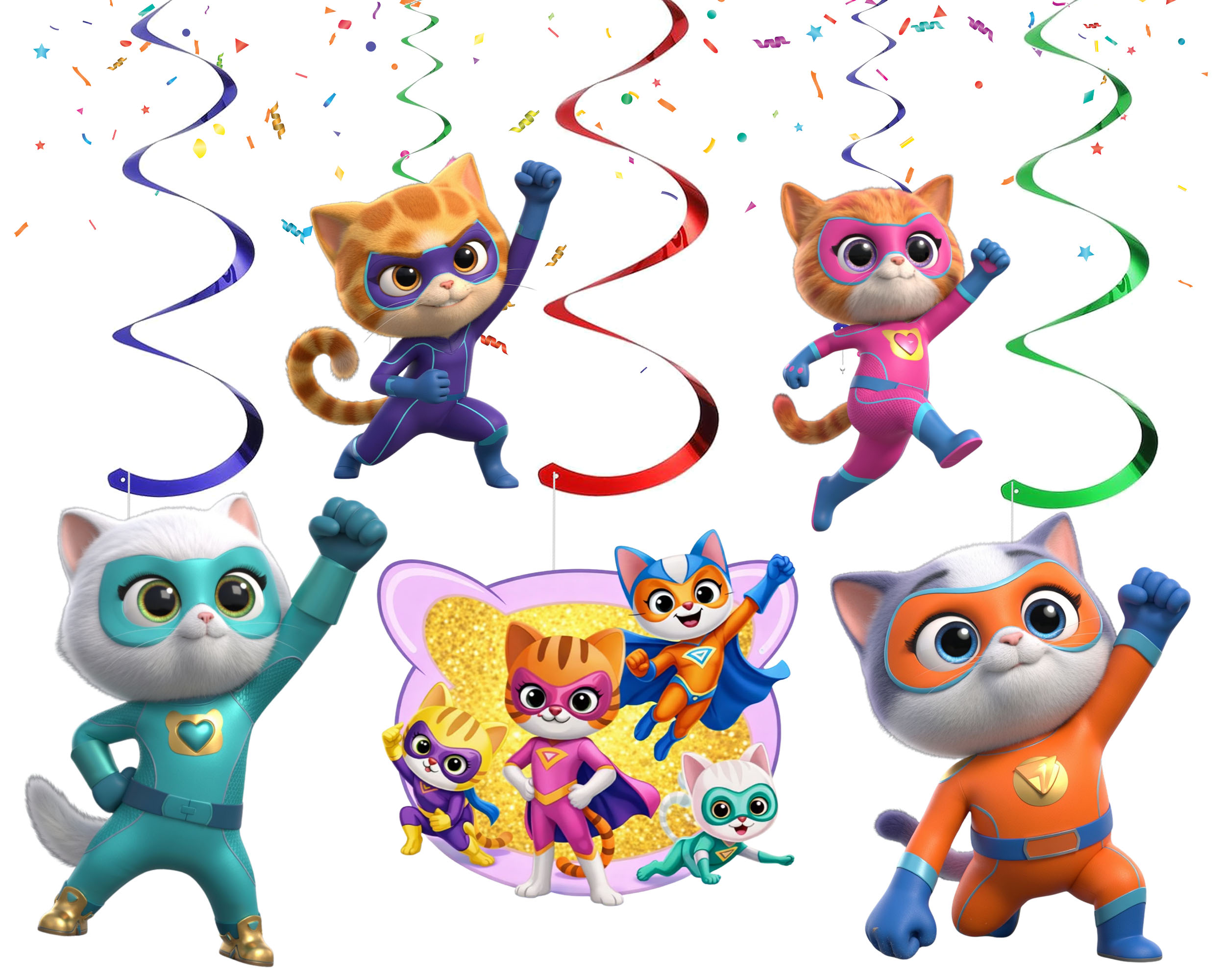 Super Kitties Hanging Swirl Decorations, Super Kitties Birthday Party Decorations, Super Kitties Ceiling Swirls, Superhero Cat Party Supplies, Hanging Party Decor, Kids Birthday Decorations