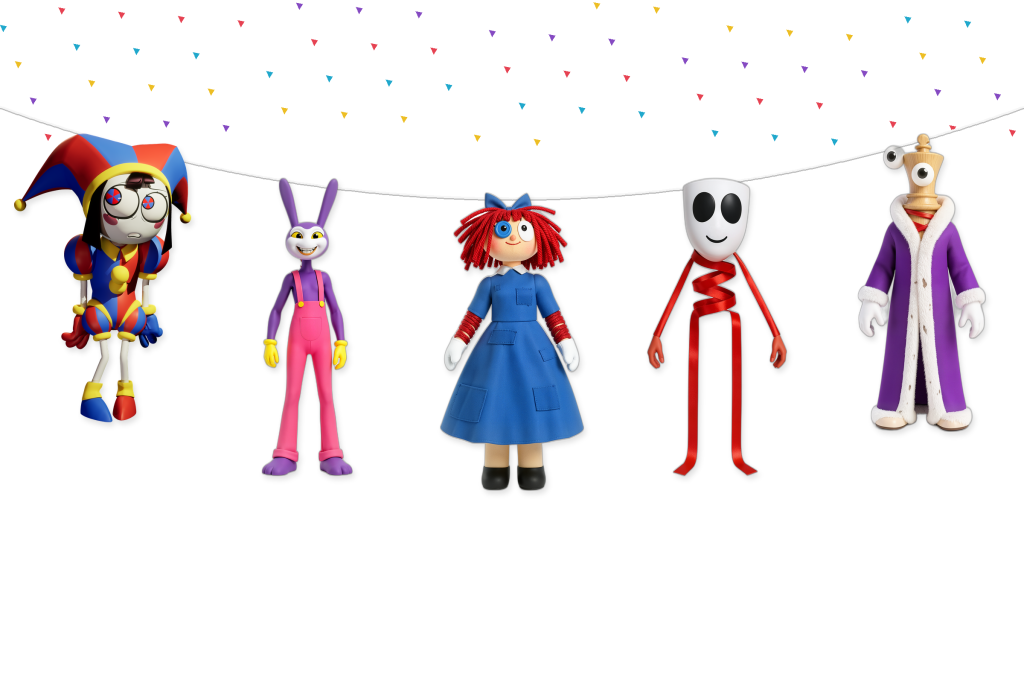 The Amazing Digital Circus birthday banner with five hanging character cutouts and confetti
