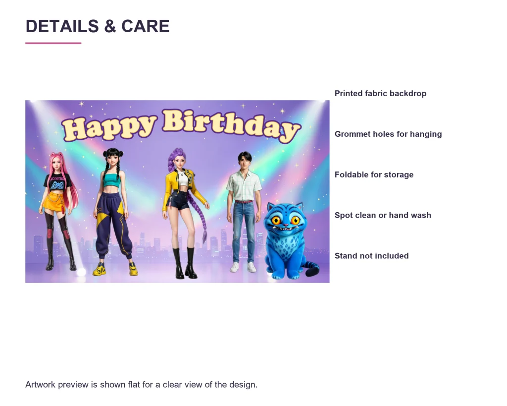 KPop Demon Hunters Birthday Backdrop – 5×3 ft or 7×5 ft – fabric details and care