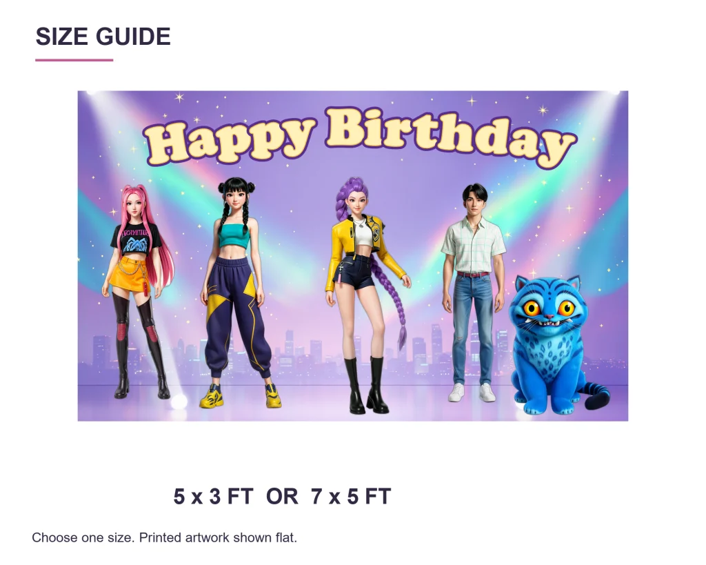 KPop Demon Hunters Birthday Backdrop – 5×3 ft or 7×5 ft – size guide