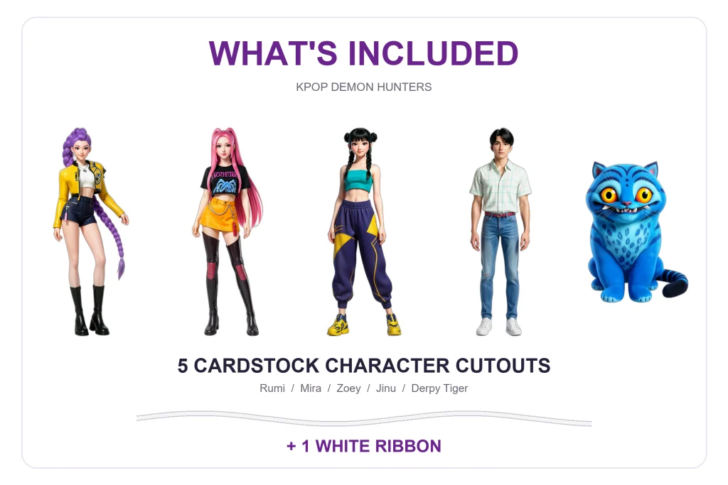 KPop Demon Hunters Birthday Banner – 5 Character Garland — set contents: five cardstock cutouts and one white ribbon
