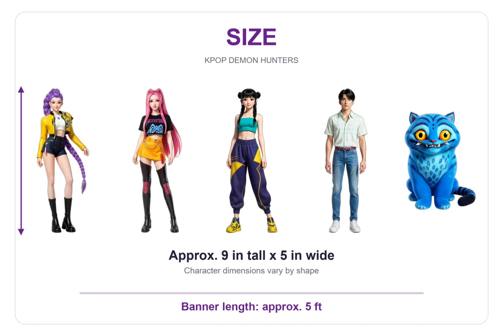 KPop Demon Hunters Birthday Banner – 5 Character Garland — size guide: approx. 9 x 5 inch cutouts and 5 ft ribbon