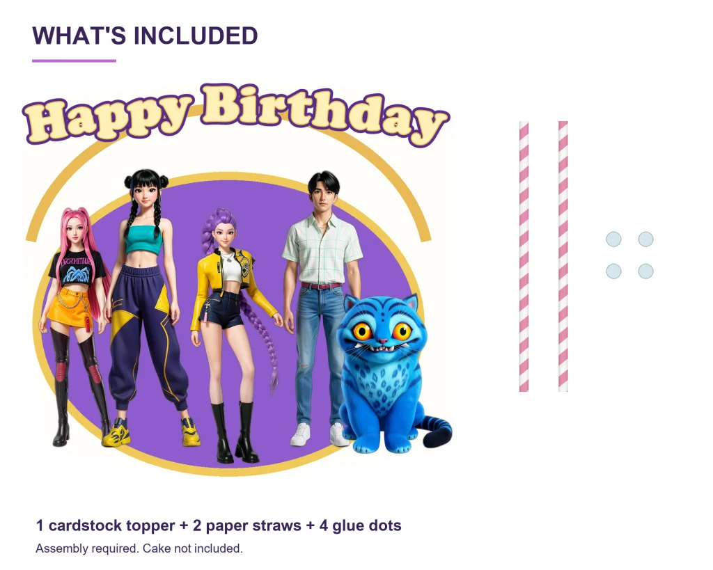 kpop-demon-hunters-cake-topper-included KPop Demon Hunters Cake Topper – Happy Birthday Decoration – set contents