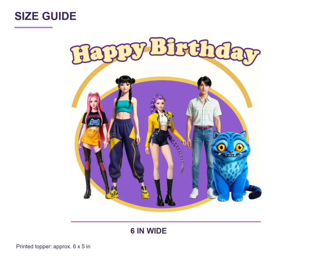 kpop-demon-hunters-cake-topper-size KPop Demon Hunters Cake Topper – Happy Birthday Decoration – size guide