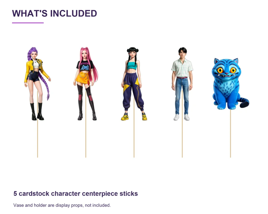 kpop-demon-hunters-centerpiece-sticks-included KPop Demon Hunters Centerpiece Sticks – Set of 5 Party Picks – set contents