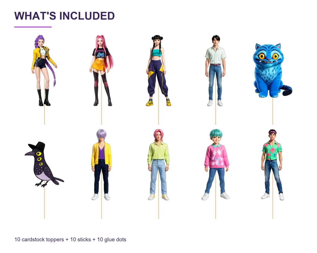 KPop Demon Hunters Cupcake Toppers – 10 Different Characters – set contents