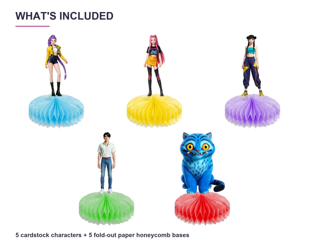 KPop Demon Hunters Honeycomb Centerpieces – Set of 5 – set contents